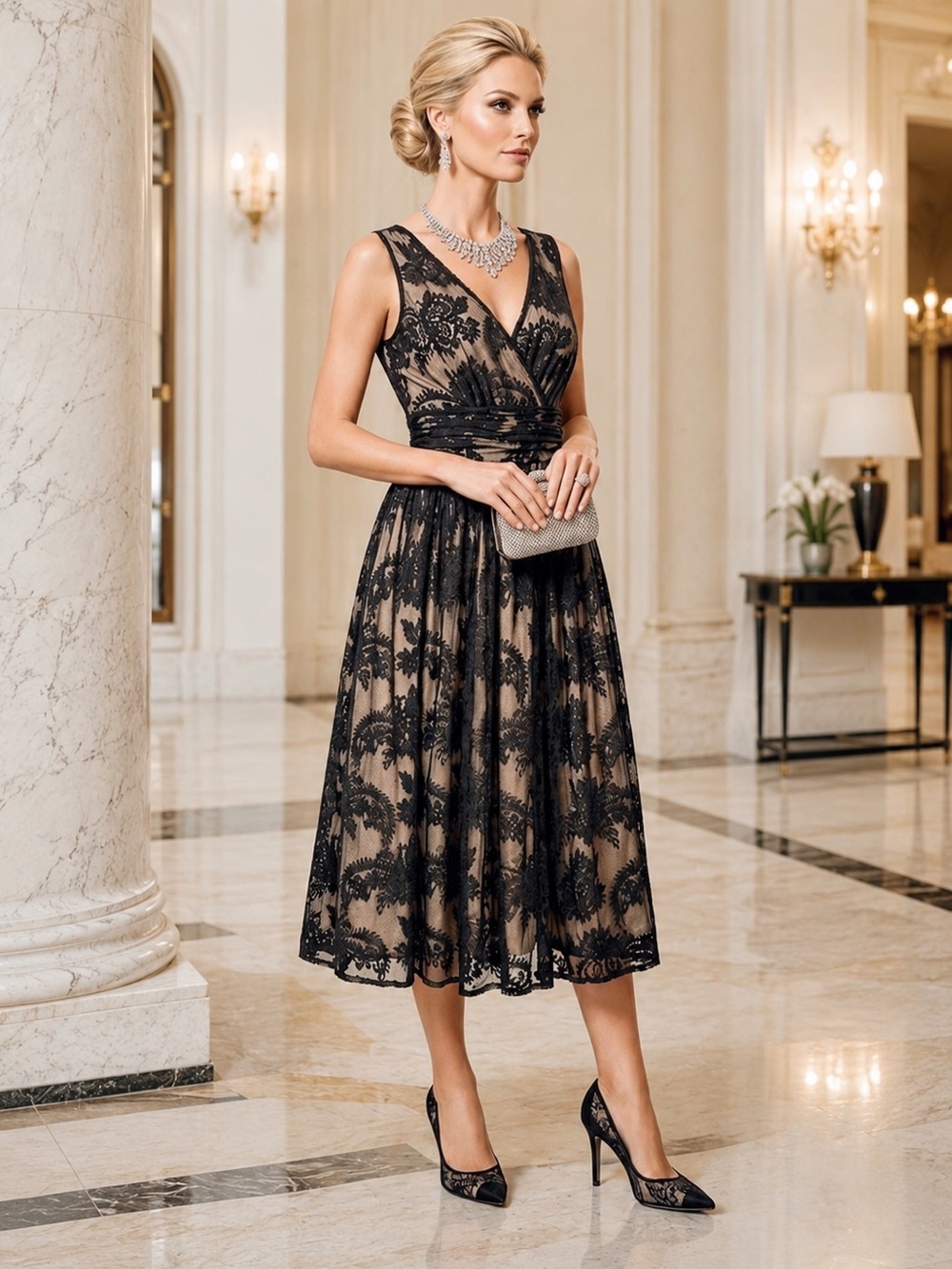 Vintage 90s Newport News Black Lace Midi Dress 6 Nude Lining 1995 Deadstock